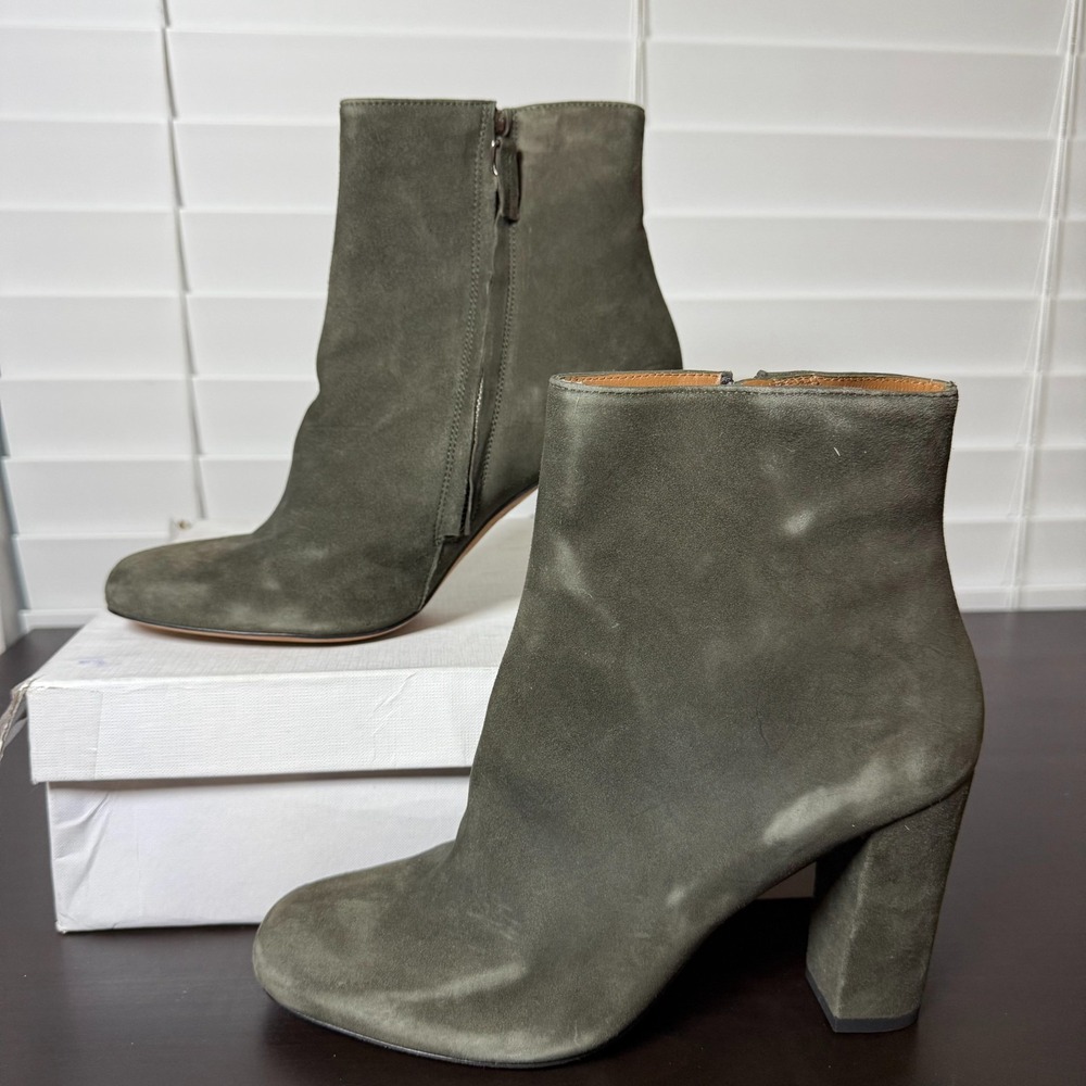 IRO Ankle Boots Women's 7.5 Green Gray Suede Side-Zip Blocked Heel Round Toe
